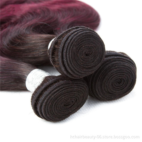 Wholesale Brazilian Hair Weave Ombre Bundles With Closure T1B/99j Human Hair Bundles with Closure Vendor
